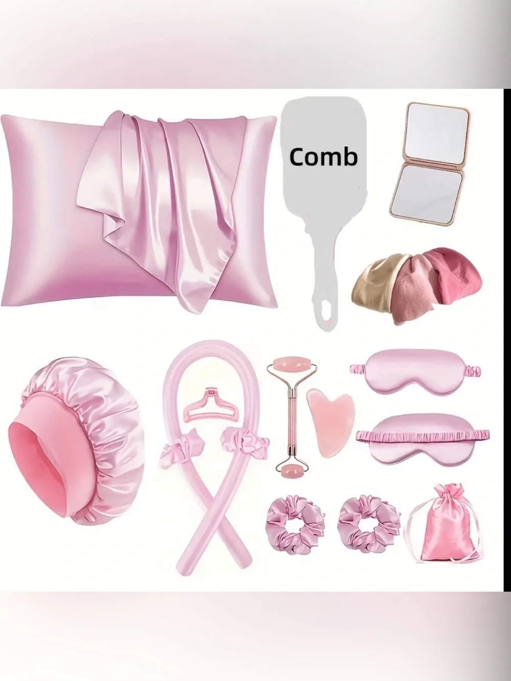 Pink Satin Beauty & Sleep Accessory Set 17pcs Sleep Hair Tool Set, & More